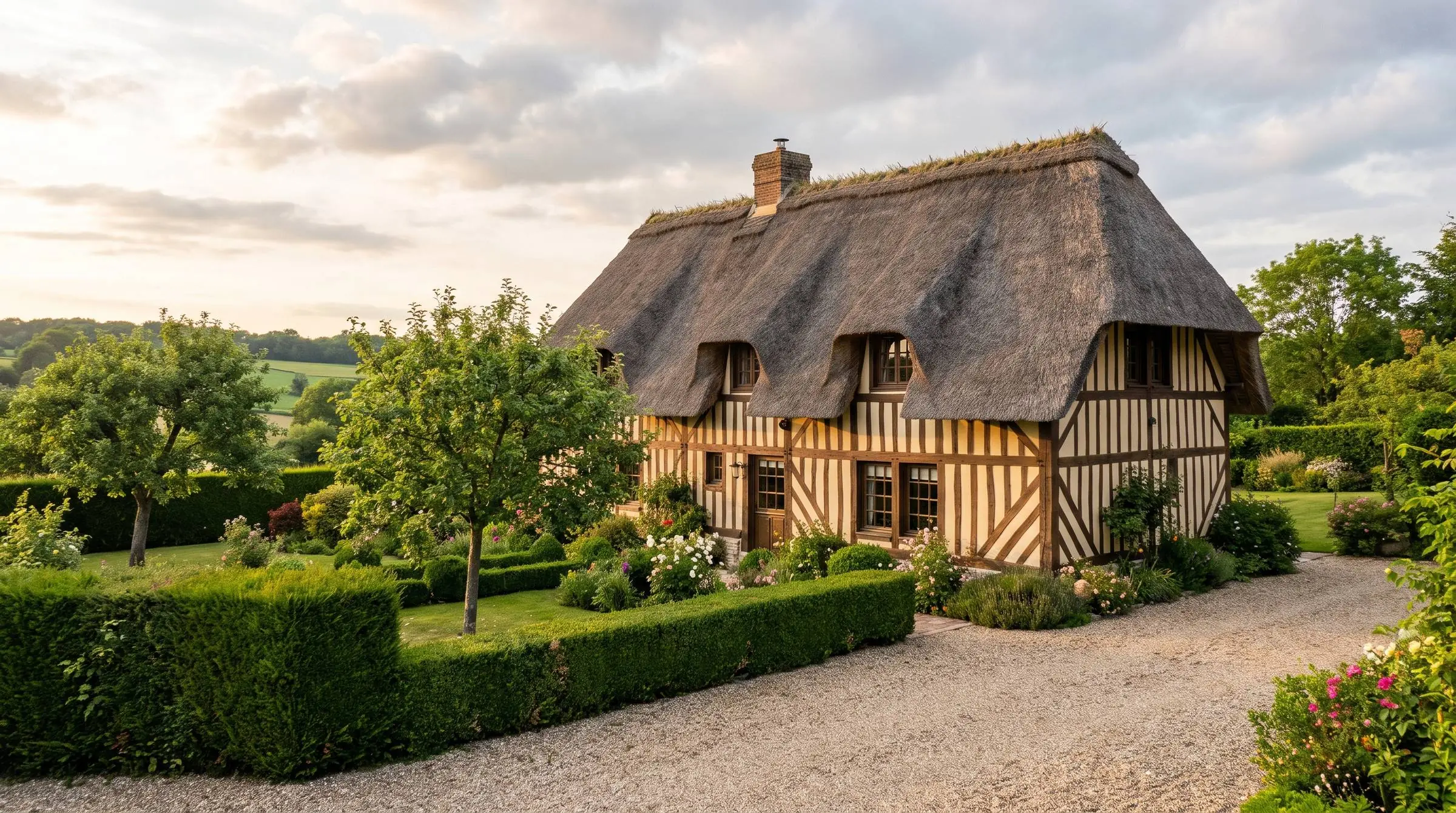 Chaumière normande traditionnelle à colombages, campagne rouennaise